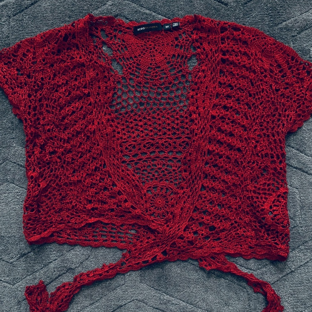 BCBG MAXAZRIA crocheted, cropped sweater.